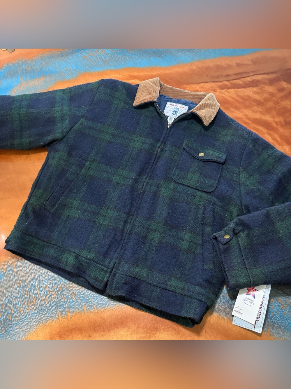 Vintage Deadstock Wool-Blend Plaid Jacket Corduroy Collar Navy/Green size Med
